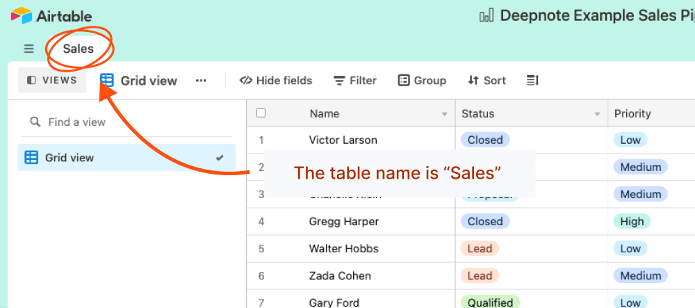 The name of the table is the name of the tab
